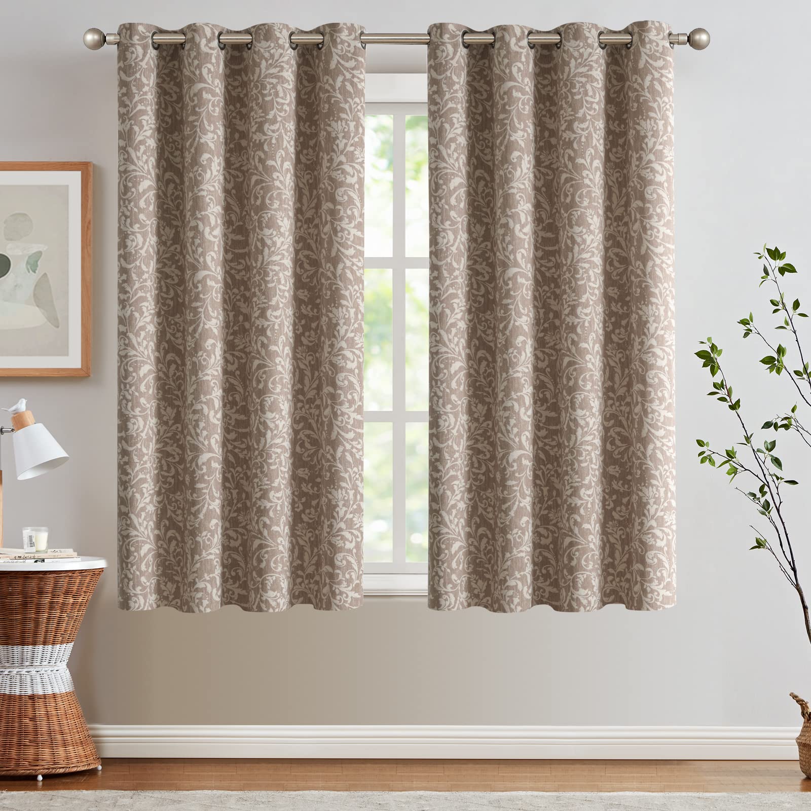 Jinchan 80% Blackout Curtains For Bedroom, Farmhouse Drapes With Scroll Floral Patterned For Living Room, Grommet Top Thermal Insulated Curtains, Vintage Country Curtain 72 Inch Length 2 Panels Taupe